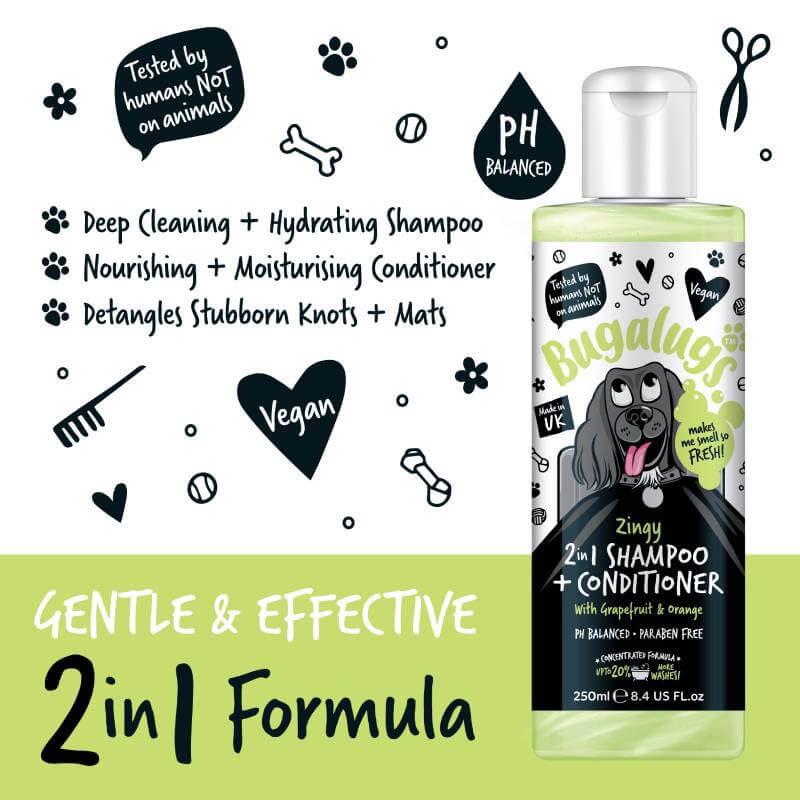 Bugalugs 2in1 Grapefruit & Orange Dog Shampoo & Conditioner 250ml with key features shown.