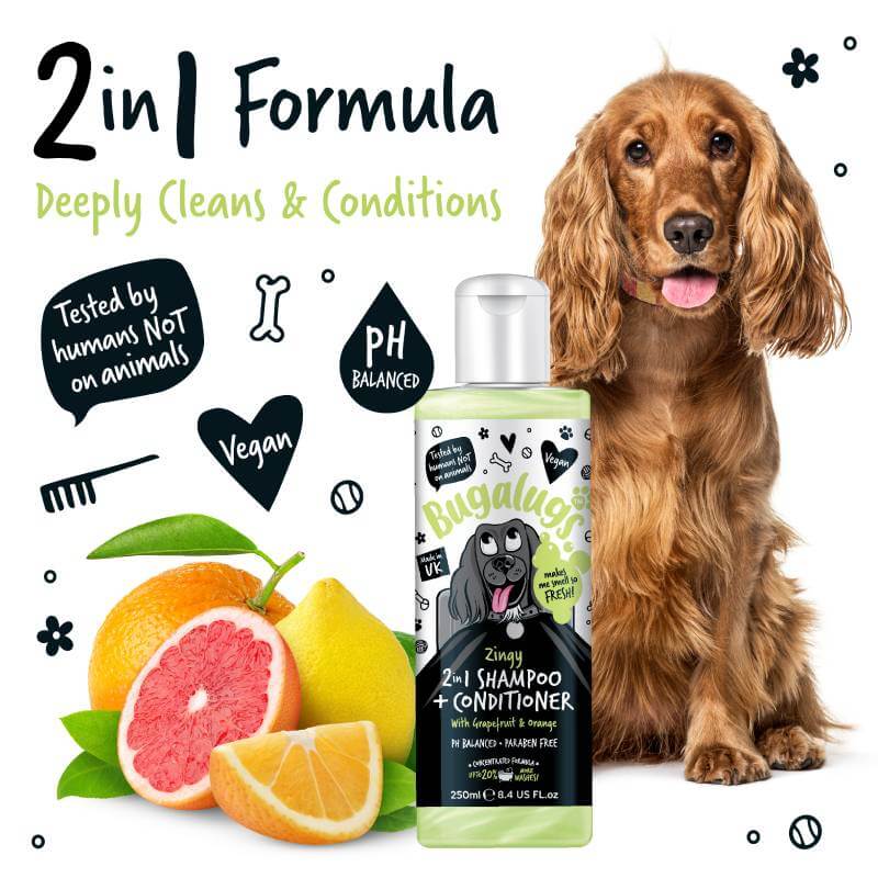 Bugalugs 2in1 Grapefruit & Orange Dog Shampoo & Conditioner 250ml—gentle, pH balanced care.