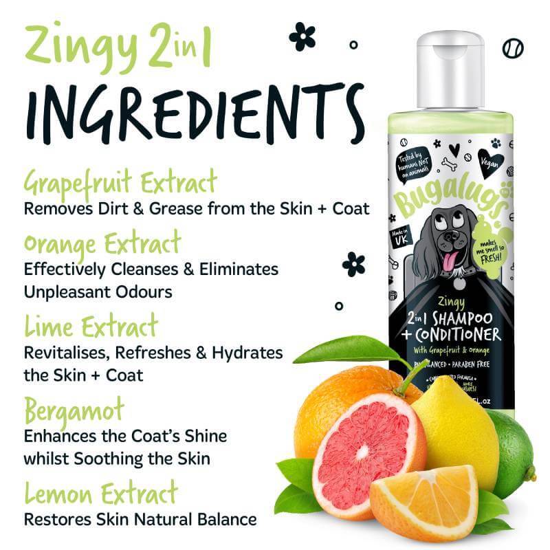Bugalugs 2in1 Grapefruit & Orange Dog Shampoo & Conditioner 250ml with natural fruit extracts.