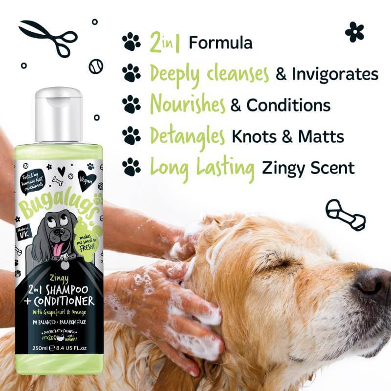 Golden retriever bathed with Bugalugs 2in1 Grapefruit & Orange Dog Shampoo; benefits shown.