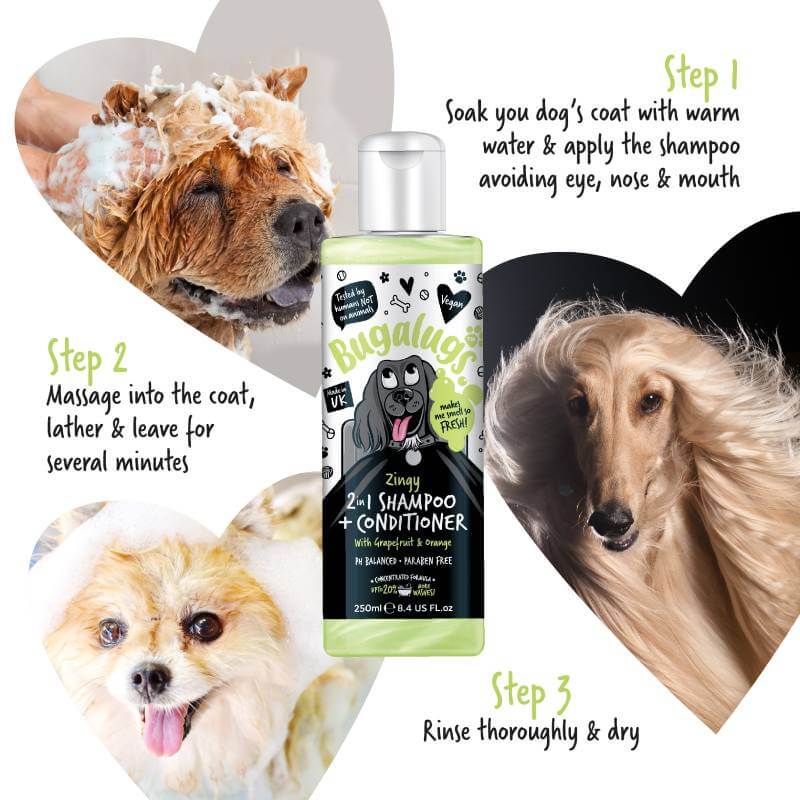 Bugalugs 2in1 Grapefruit & Orange Dog Shampoo & Conditioner 250ml, with instructions and three dogs.