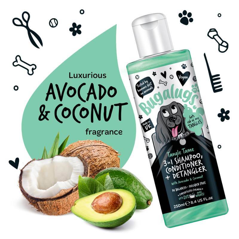 Bugalugs 3in1 Avocado & Coconut Tangle Tame Dog Shampoo & Conditioner, 250ml bottle.