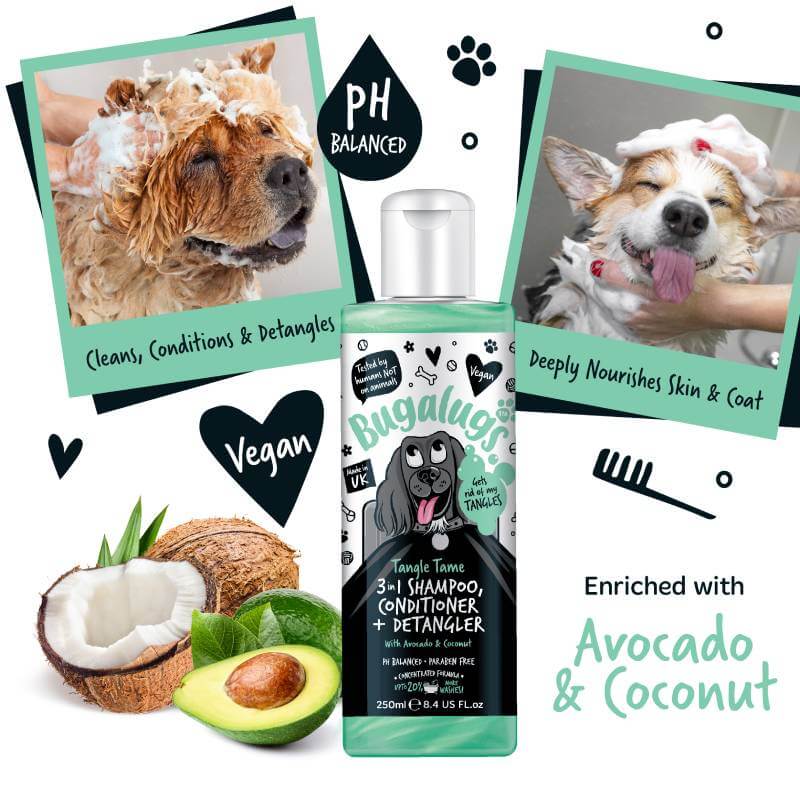 Bugalugs 3in1 Avocado & Coconut Tangle Tame Dog Shampoo & Conditioner, 250ml, for happy baths.