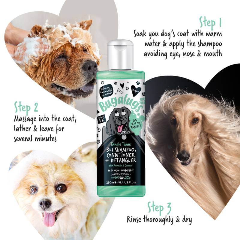 Bugalugs 3in1 Avocado & Coconut Dog Shampoo, three dogs bathing, illustrated wash steps.
