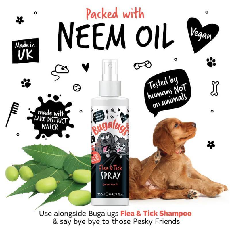 Bugalugs Flea & Tick Spray for Dogs & Cats 200ml with neem oil and pet pest control icons.