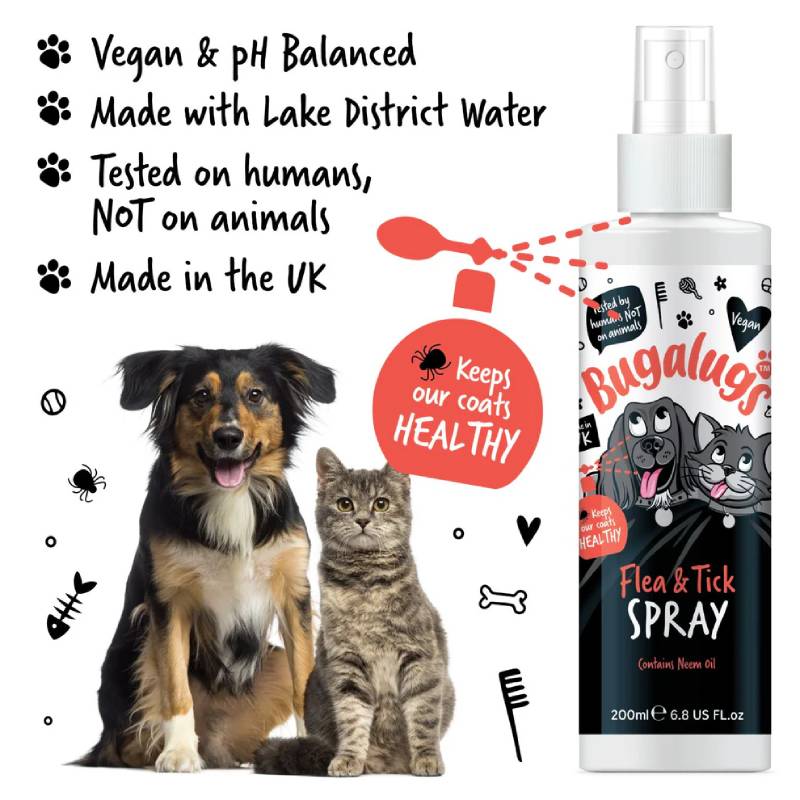 Bugalugs Flea & Tick Spray for Dogs & Cats 200ml keeps coats healthy.