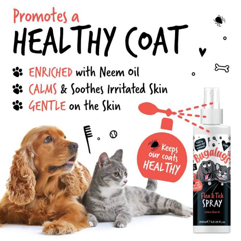 Bugalugs Flea & Tick Spray for Dogs & Cats 200ml controls pests and supports a healthy coat.