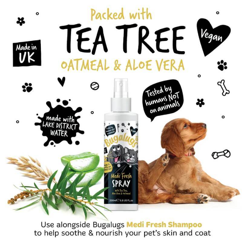 Bugalugs Medi Fresh Itchy Skin Spray for Dogs & Cats 200ml with oatmeal and aloe vera.
