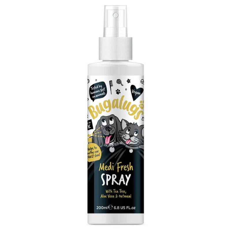 White bottle of Bugalugs Medi Fresh Itchy Skin Spray for Dogs & Cats 200ml with cartoon cats label.