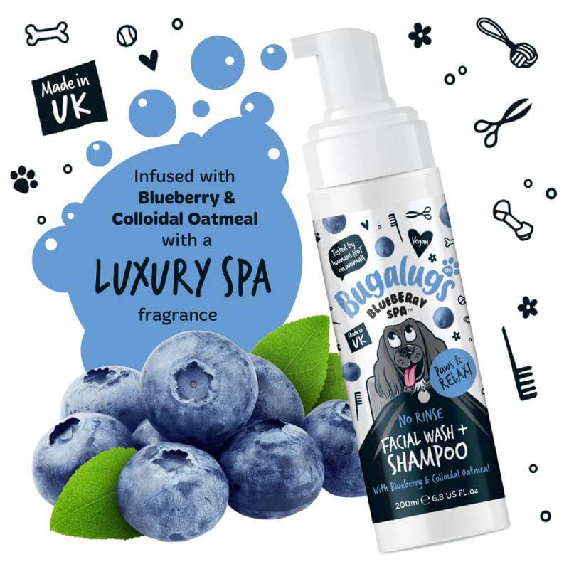 Bugalugs Blueberry Spa No Rinse Facial Wash & Shampoo for Dogs 200ml on white background.
