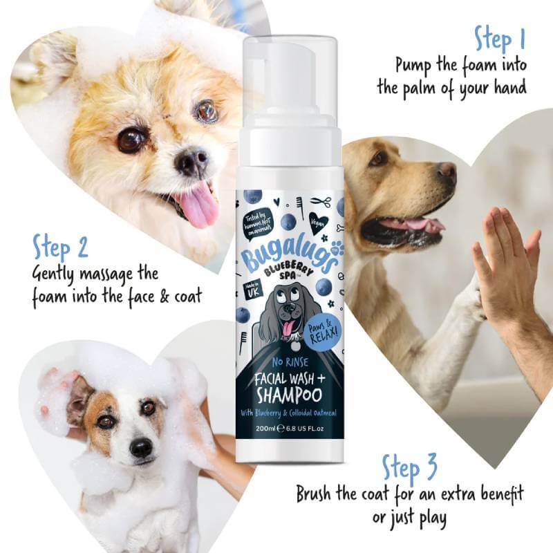 Bugalugs Blueberry Spa No Rinse Facial Wash & Shampoo for Dogs, 200ml.
