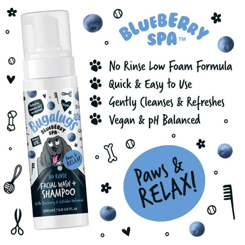Bugalugs Blueberry Spa No Rinse Facial Wash & Shampoo for Dogs, 200ml, tear stain remover.