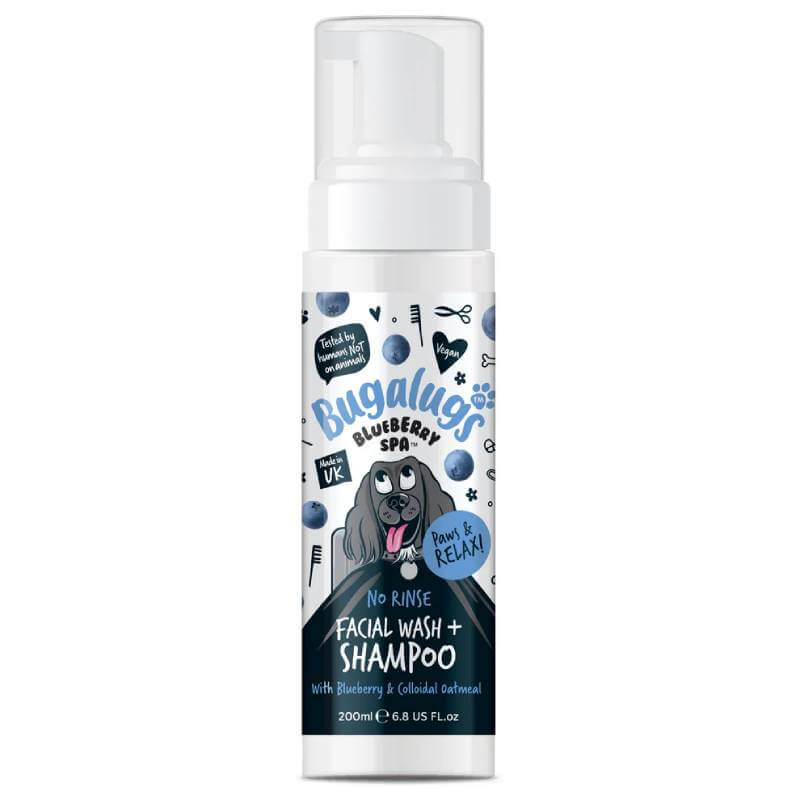 Bugalugs Blueberry Spa No Rinse Facial Wash & Shampoo for Dogs 200ml with cartoon dog label.