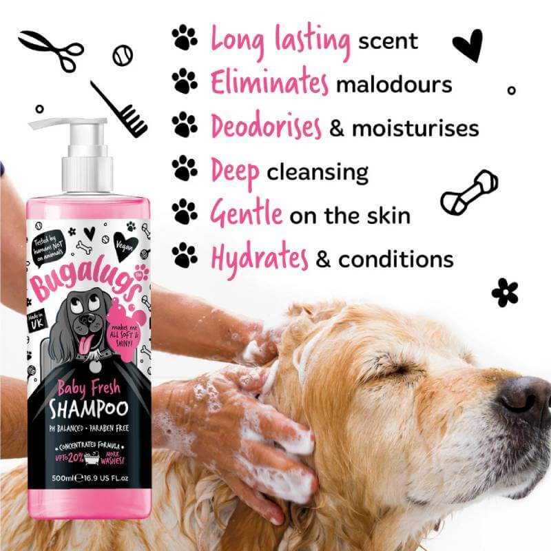 Person bathing golden retriever with Bugalugs Baby Fresh Dog Shampoo 250ml; benefits listed beside.