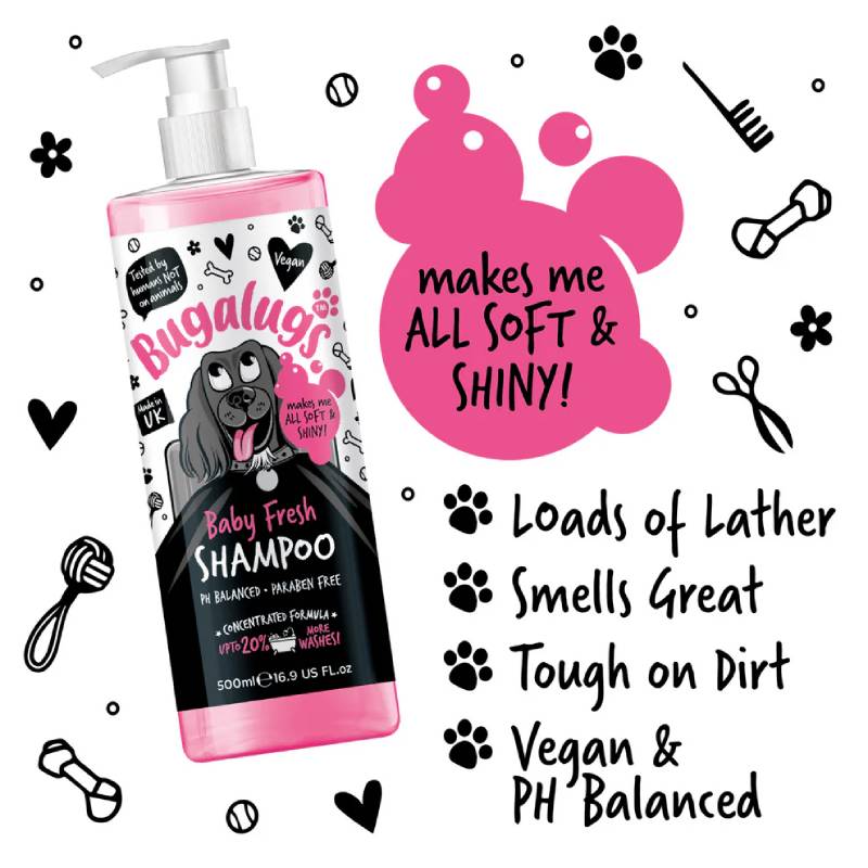 Bugalugs Baby Fresh Dog Shampoo 250ml with odour-eliminating benefits and playful design.