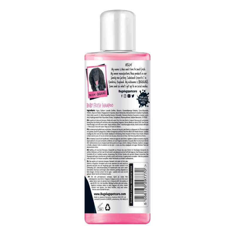Back of a Bugalugs Baby Fresh Dog Shampoo 250ml bottle with label details and text.