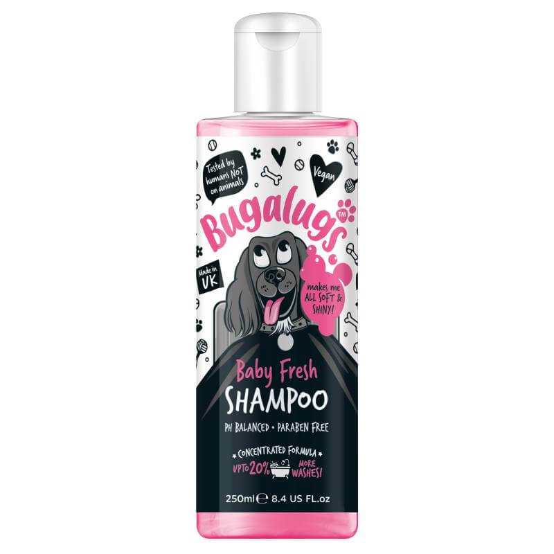 Bugalugs Baby Fresh Dog Shampoo 250ml in a pink bottle with cartoon dog and playful doodles.