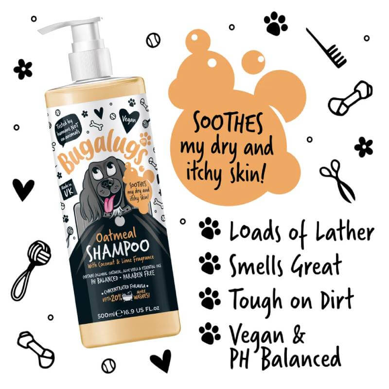 Bugalugs Coconut & Lime Oatmeal Aloe Dog Shampoo 250ml with playful paw graphics.
