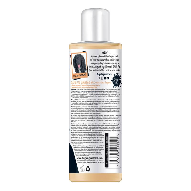Back of Bugalugs Coconut & Lime Oatmeal Aloe Dog Shampoo 250ml with label text and black dog.