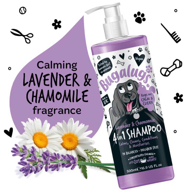 Bugalugs Lavender & Chamomile Dog Shampoo 250ml for sensitive skin, calming floral design.