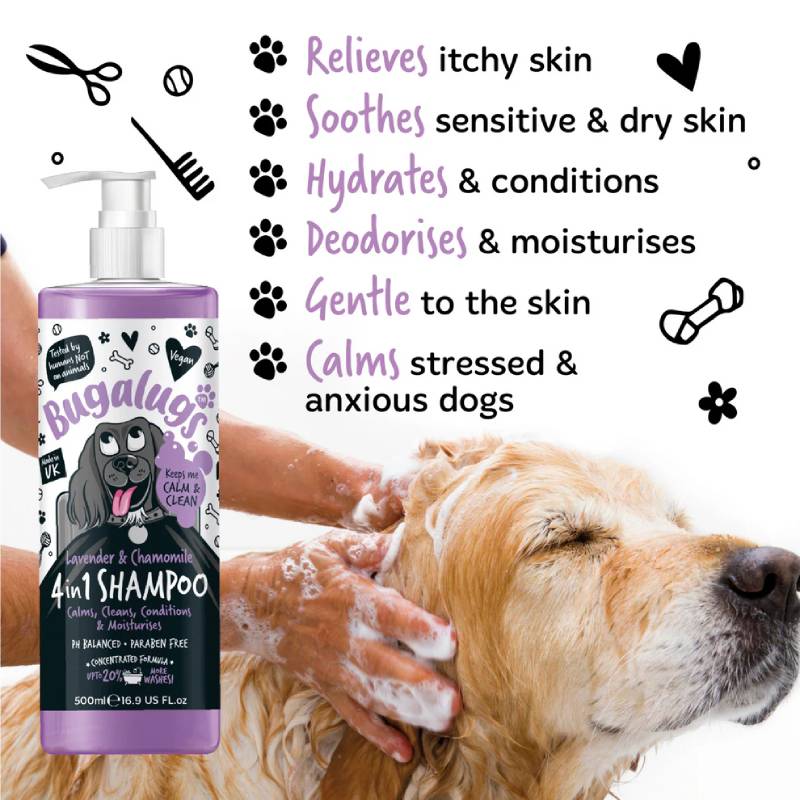 A dog is bathed with Bugalugs Lavender & Chamomile Dog Shampoo; benefits are listed beside.