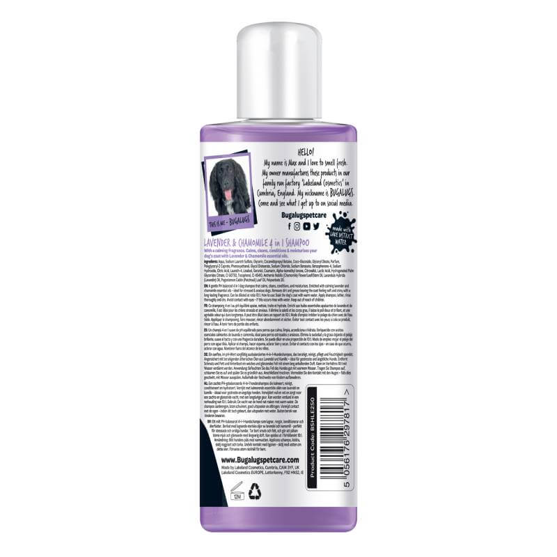 Back of Bugalugs Lavender & Chamomile Dog Shampoo 250ml with text and small dog near top.