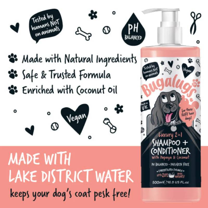 Bugalugs 2in1 Papaya Coconut Dog Shampoo & Conditioner 250ml, pink bottle with dog illustration.