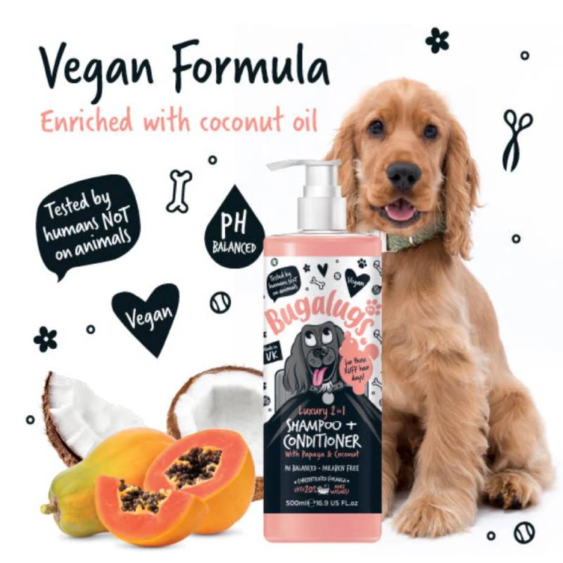 Bugalugs 2in1 Papaya Coconut Dog Shampoo & Conditioner, vegan, cruelty-free, pH balanced.