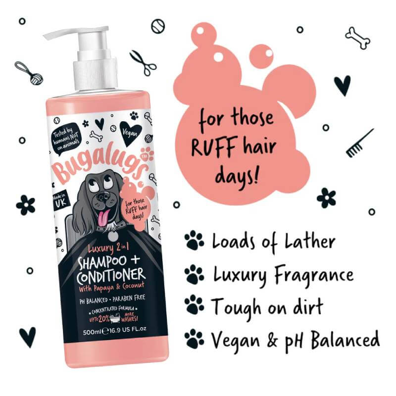 Bugalugs 2in1 Papaya Coconut Dog Shampoo & Conditioner 250ml bottle with dog-themed design.