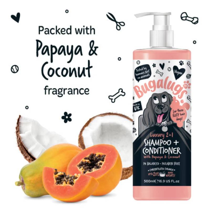 Bugalugs 2in1 Papaya Coconut Dog Shampoo & Conditioner 250ml on white background.