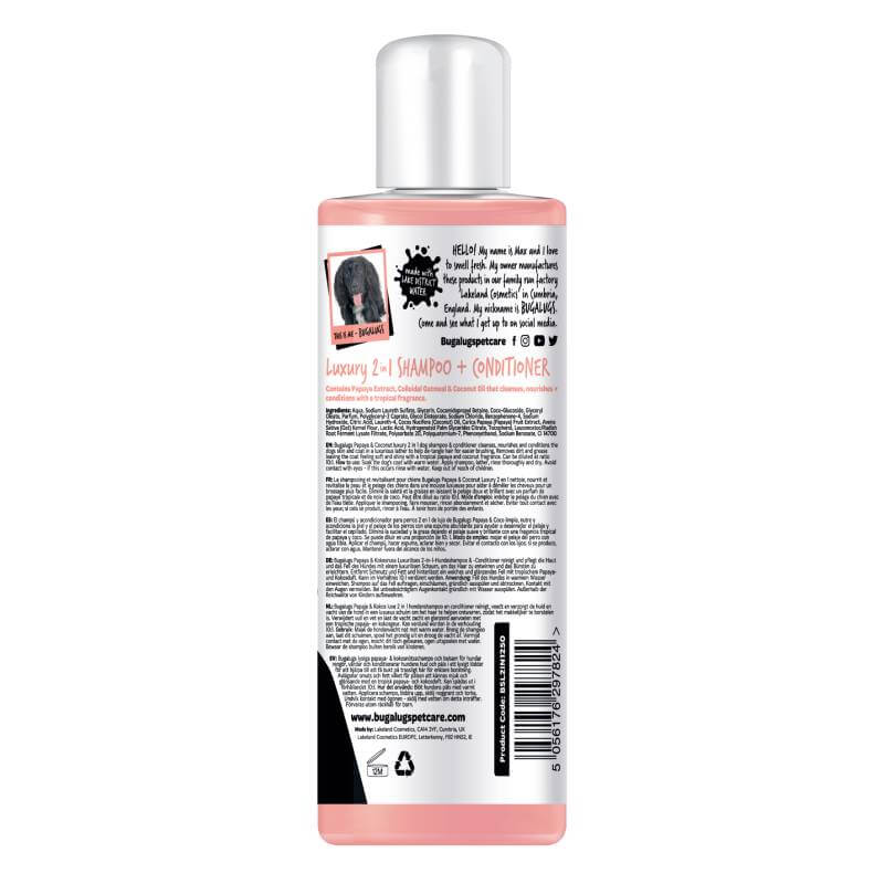 Back of Bugalugs 2in1 Papaya Coconut Dog Shampoo & Conditioner 250ml bottle with text/graphics.