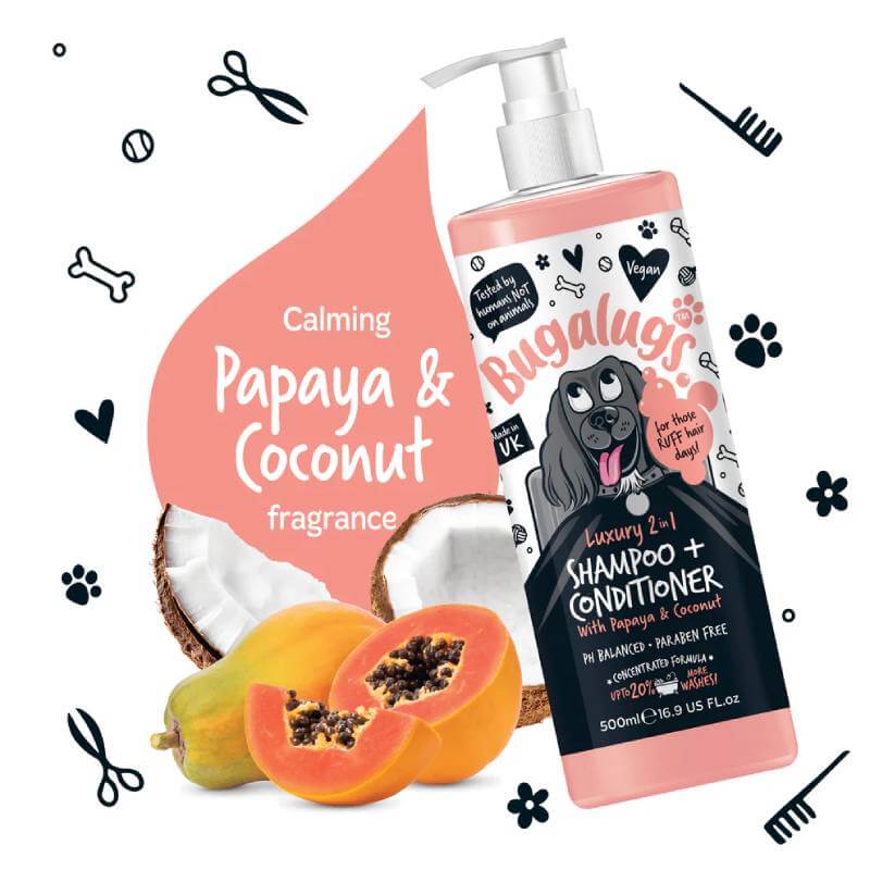 Bugalugs 2in1 Papaya Coconut Dog Shampoo & Conditioner 250ml with playful dog-themed design.