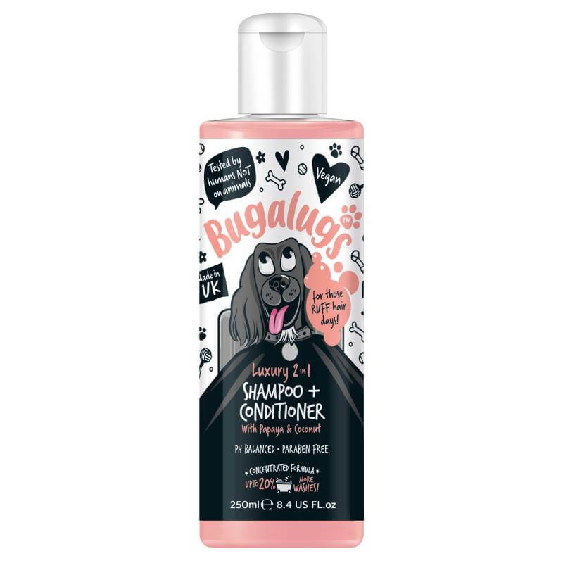 Bugalugs 2in1 Papaya Coconut Dog Shampoo & Conditioner 250ml with cartoon dog on pink bottle.