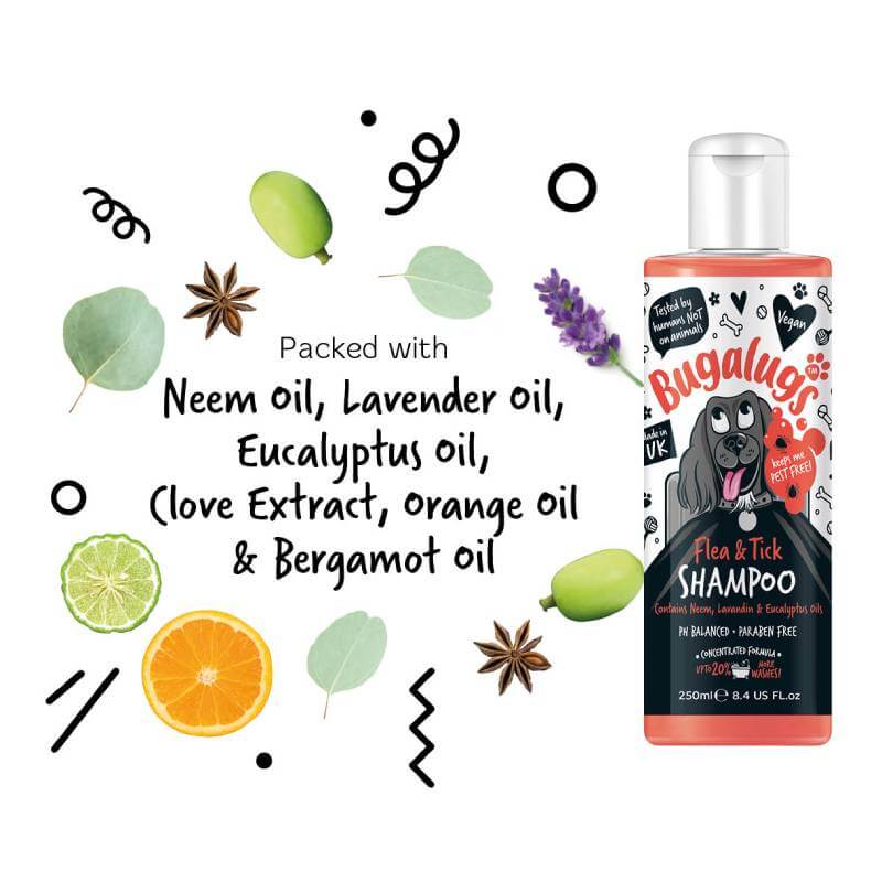Bugalugs Flea & Tick Dog Shampoo 250ml features natural ingredients with leaf and orange images.