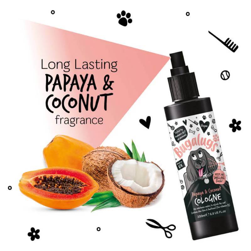 Bugalugs Papaya & Coconut Dog Cologne 200ml—long-lasting dog fragrance in a black spray bottle.