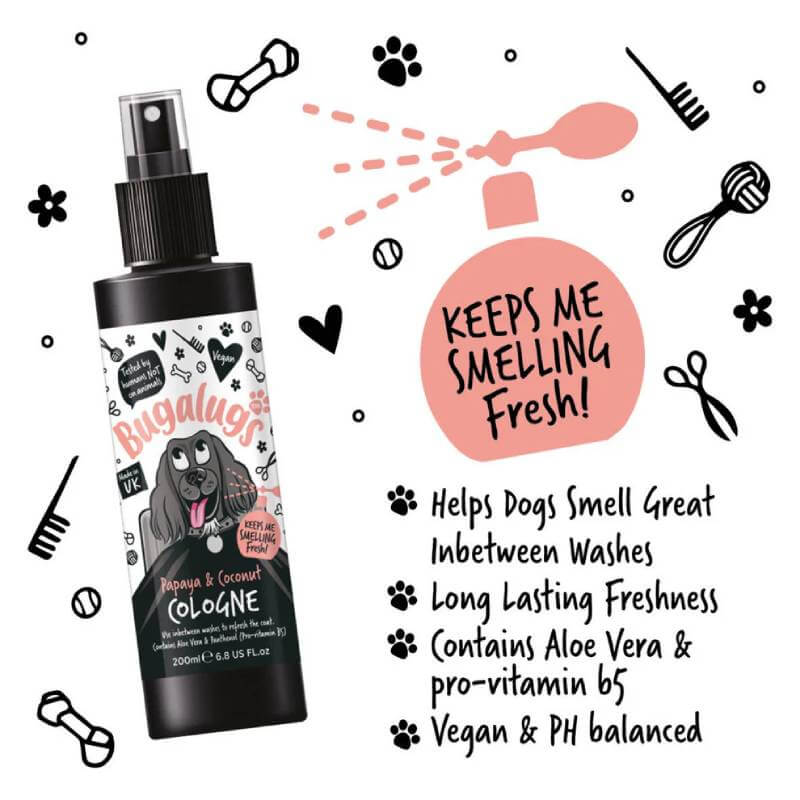 Bugalugs Papaya & Coconut Dog Cologne 200ml in black spray bottle, playful benefits on label.