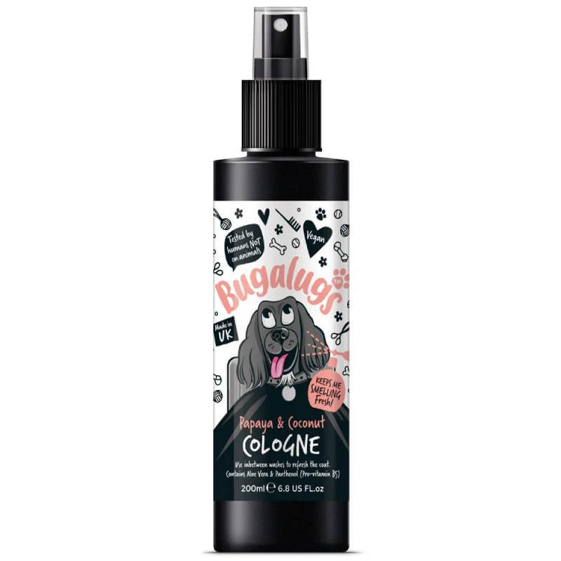 Bugalugs Papaya & Coconut Dog Cologne 200ml in black bottle with cartoon dog on the label.