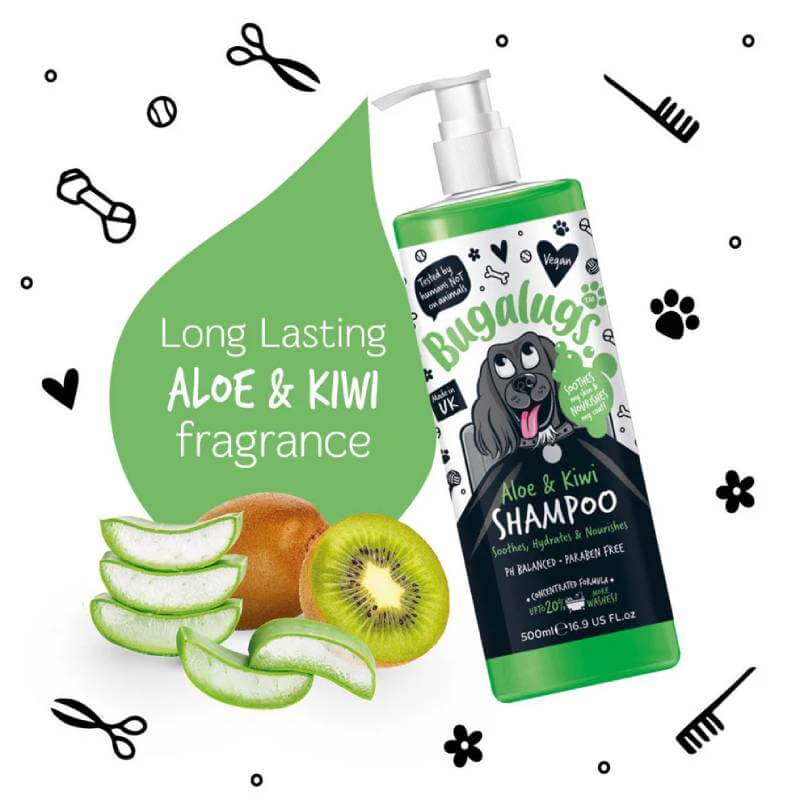 Bugalugs Aloe & Kiwi Soothing Dog Shampoo 250ml for sensitive skin with a fresh, gentle scent.