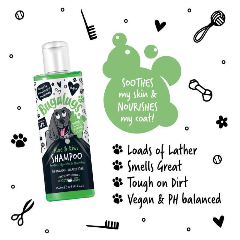 Bugalugs Aloe & Kiwi Soothing Dog Shampoo 250ml gently cleanses and nourishes sensitive coats.