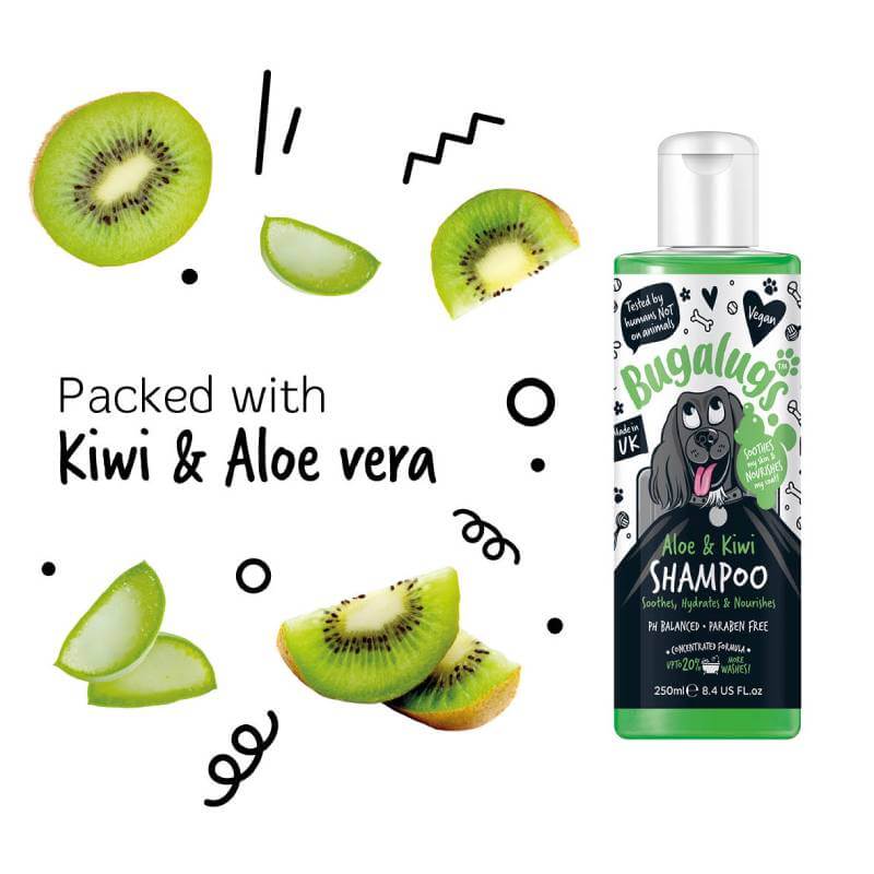 Kiwi and aloe slices beside Bugalugs Aloe & Kiwi Soothing Dog Shampoo 250ml.
