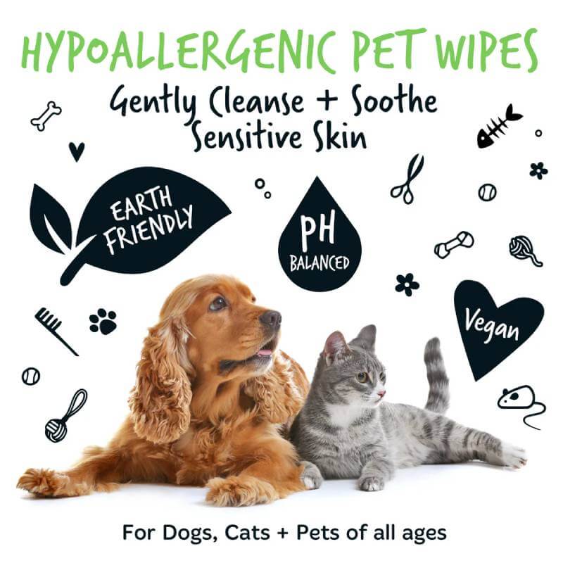 A dog and cat rest together with Bugalugs Biodegradable Wipes 110pk—gentle, hypoallergenic care.