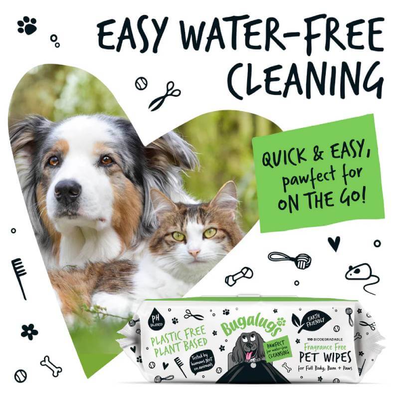 Bugalugs Biodegradable Wipes 110pk offer easy, water-free pet cleaning with eco-friendly care.
