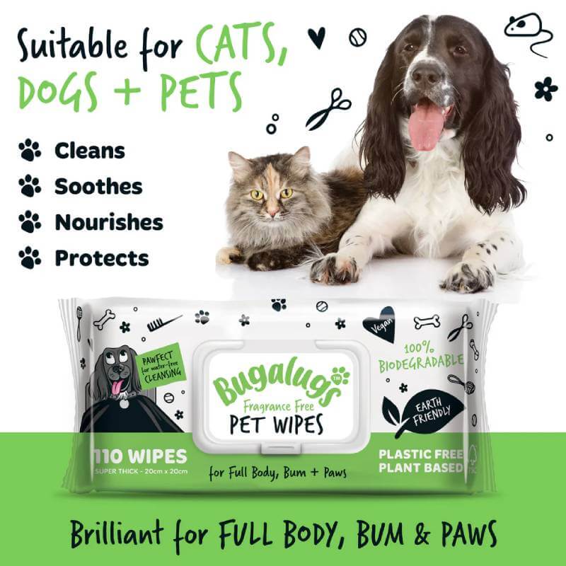 A cat and dog sit behind Bugalugs Biodegradable Wipes 110pk, with benefits listed.