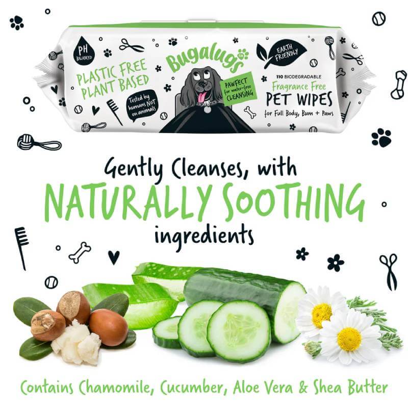 Bugalugs Biodegradable Wipes 110pk with cucumber, chamomile, aloe vera & shea butter.