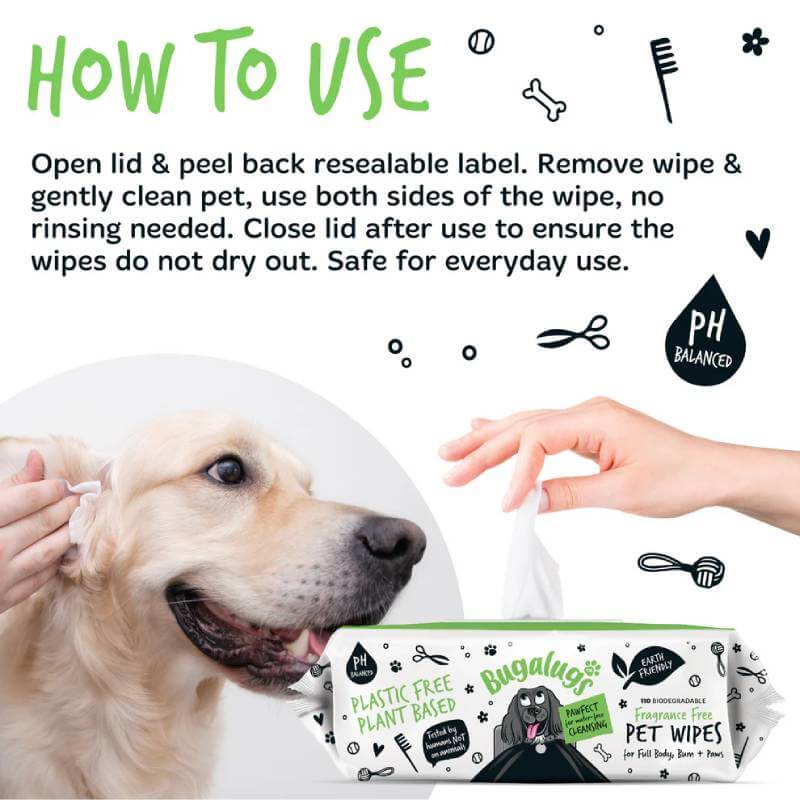 Woman cleaning golden retriever’s ear with Bugalugs Biodegradable Wipes 110pk; instructions shown.