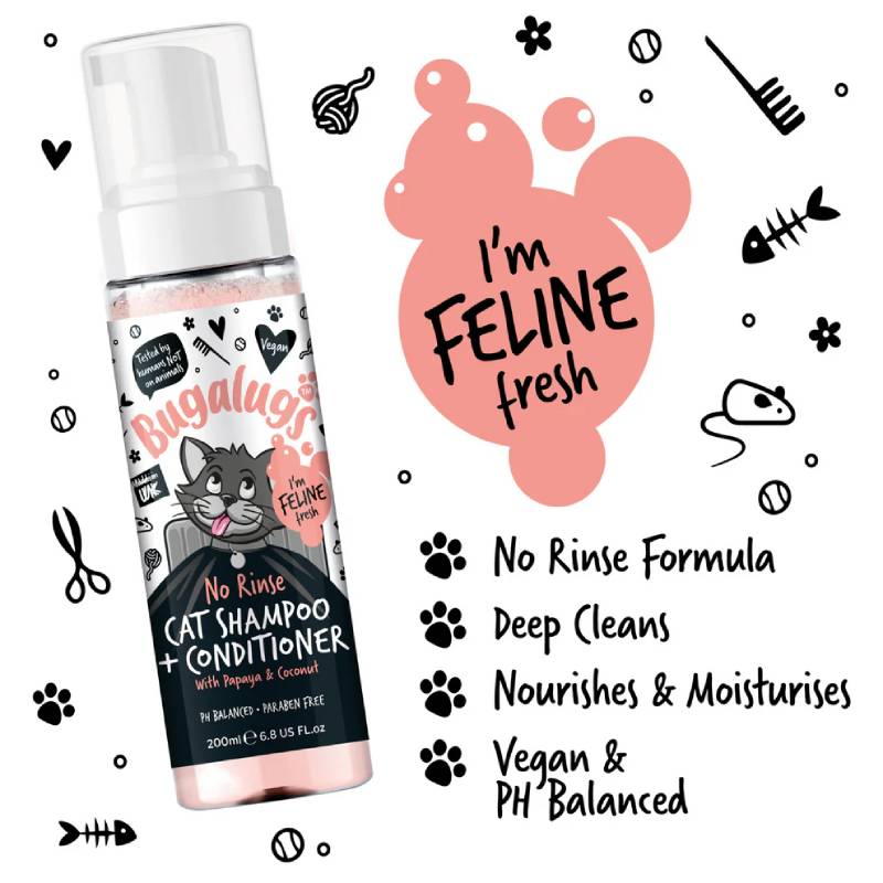 Bugalugs No Rinse Papaya Coconut Cat Shampoo & Conditioner 200ml with cartoon cat label.