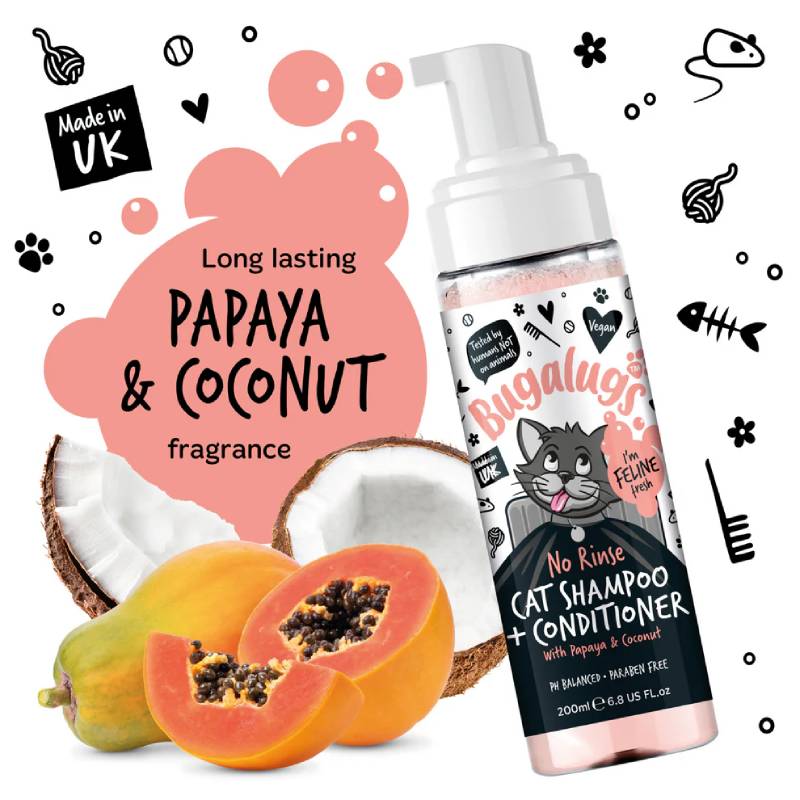 Bugalugs No Rinse Papaya Coconut Cat Shampoo & Conditioner 200ml, long-lasting UK fragrance.