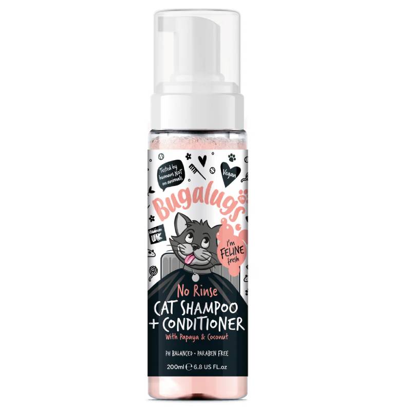 Bugalugs No Rinse Papaya Coconut Cat Shampoo & Conditioner 200ml with cartoon cat design.