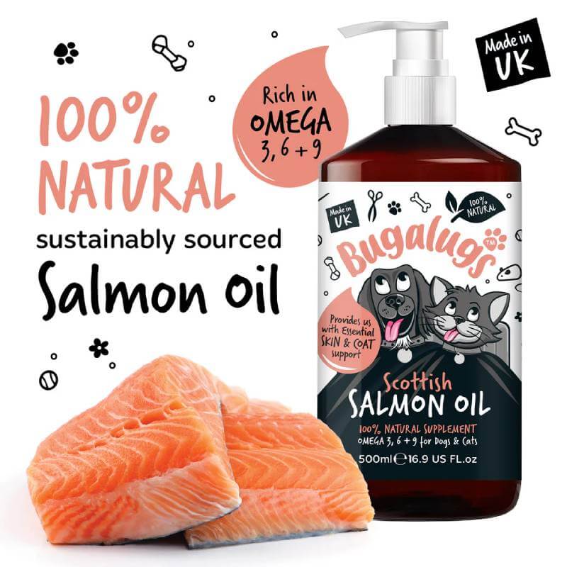 Bugalugs Scottish Salmon Oil for Dogs & Cats 500ml pump supports healthy skin and coat.