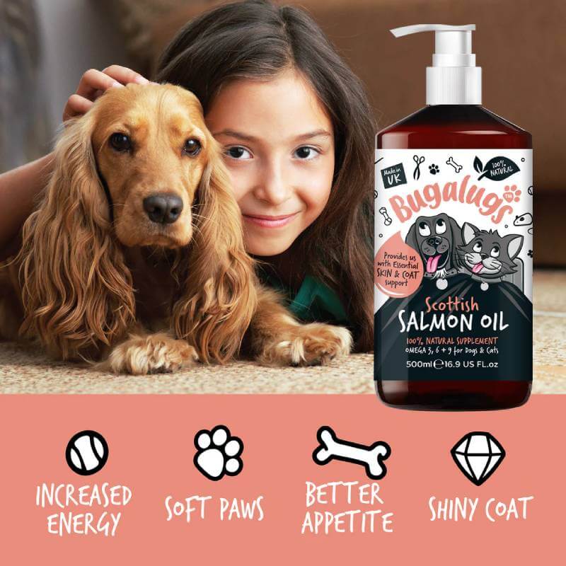 Girl with dog beside Bugalugs Scottish Salmon Oil for Dogs & Cats 500ml, promotes skin & coat health.